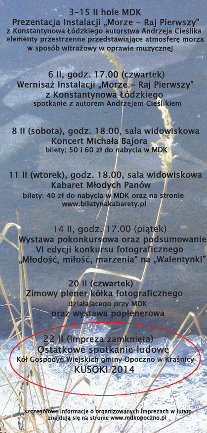 Zakładka kulturalna Miejskiego Domu Kultury w Opocznie z lutego 2014 roku