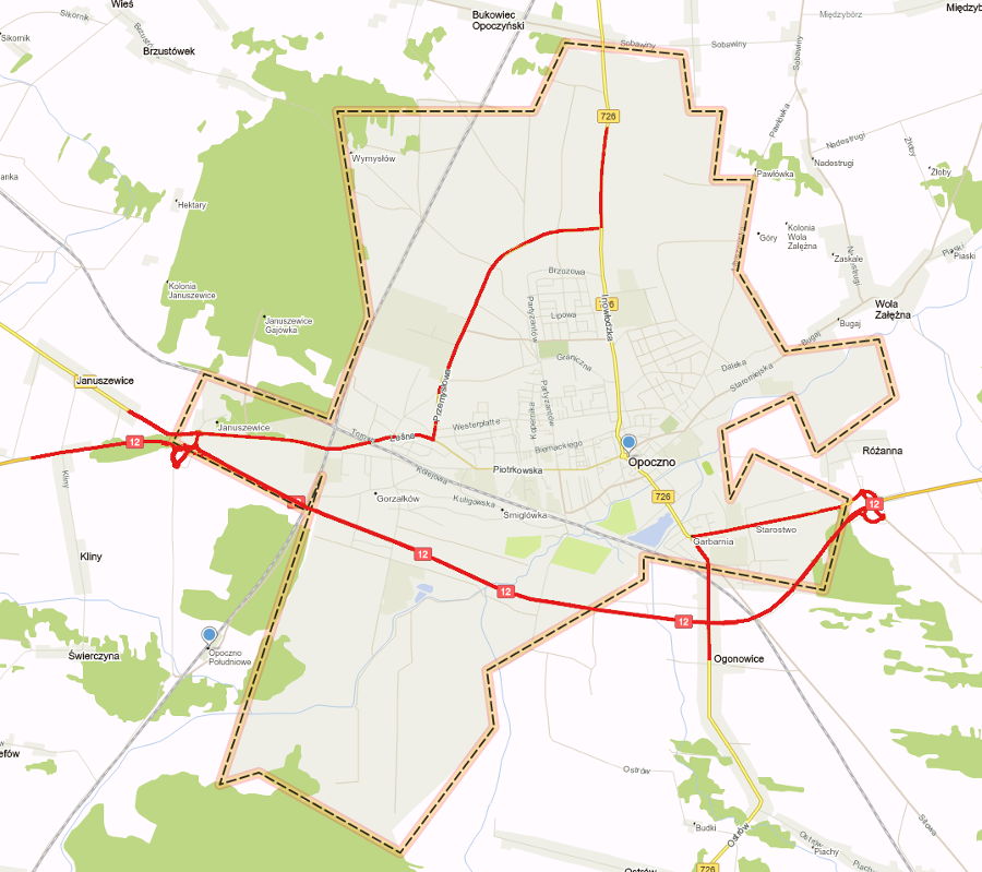 Objazd tranzytowego ruchu ciężarowego - oznaczone na czerwono