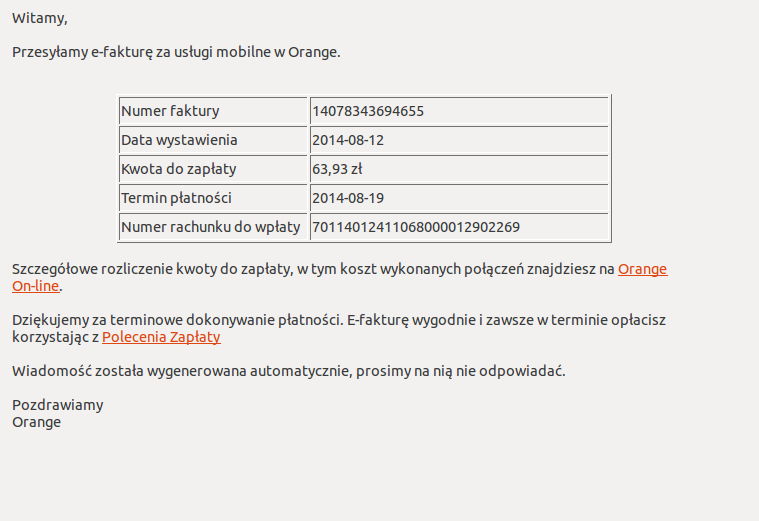 Fałszywa wiadomość orange