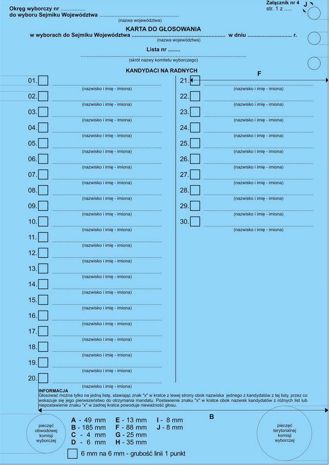 Wzór karty do głosowania w wyborach do Sejmiku Wojewódzkiego