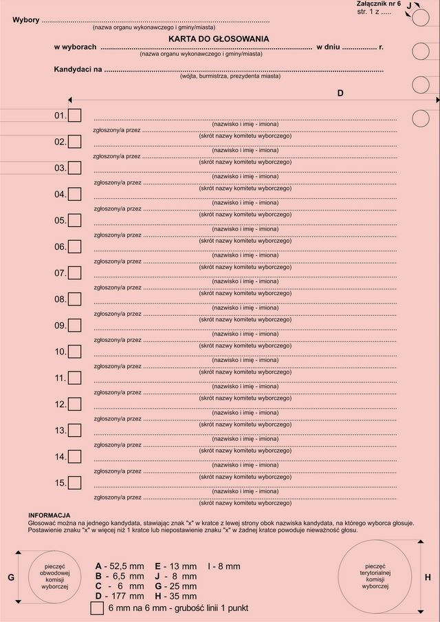 Wzór karty do głosowania w wyborach burmistrza